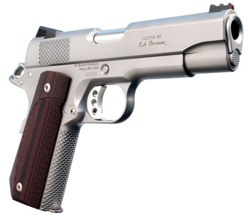 103903.jpg Ed Brown KC18SS 1911 Kobra Carry Serrated Frame 45 ACP 7+1 4.25" Stainless Recessed Crown Barrel, Matte Stainless Serrated Steel Slide & Frame, Laminate Wood Grip, Right Hand