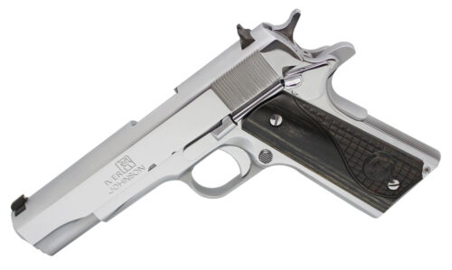 111725.jpg Iver Johnson Arms 1911A138CHRW 1911 A1 Government 70 Series 38 Super 9+1 5" Bright Polish Chrome Serrated Steel Slide & Frame w/Beavertail, Black Dual Textured Diamondwood Grip, Right Hand