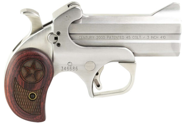 11605.jpg Bond Arms BAC2K Century 2000 45 Colt (LC)/410 Gauge 2rd 3.50" Stainless Steel Double Barrel & Frame, Auto Extractor & Rebounding Hammer, Blade Front/Fixed Rear Sights, Rosewood Grip, Manual Safety