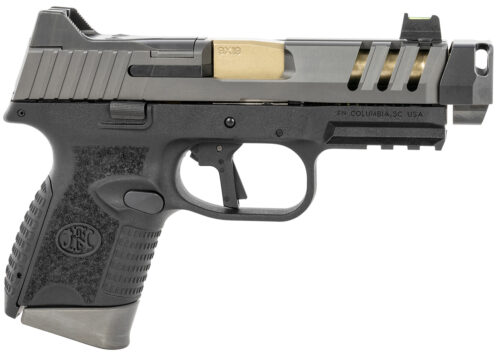 148697.jpg FN 66101350 509 CC Edge 9mm Luger 10+1 (3) 4.20" Threaded Gold Barrel, Black Frame, Graphite Optic & Lightening Cut Slide, Optic Height Fiber Optic Sights, Compensator (No Manual)