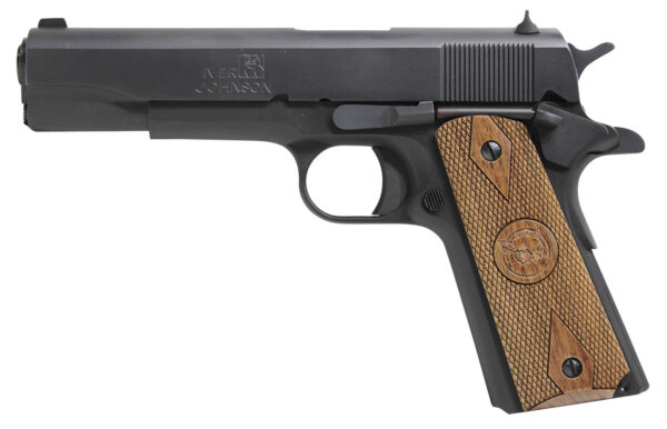 151701.jpg Iver Johnson Arms 1911A1938 1911 A1 38 Super 9+1 5" Black Steel Barrel, Matte Blued Serrated Steel Slide & Frame w/Beavertail, Double Diamond Checkered Walnut Grip