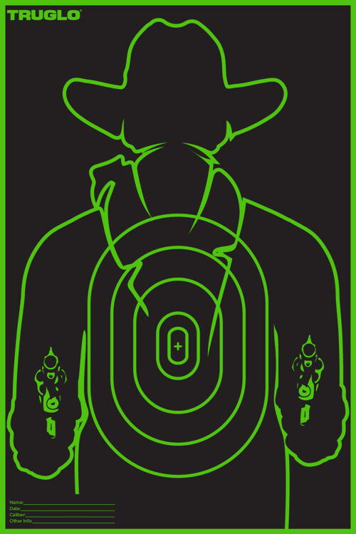TG_GunSlingerTarget_blkBKG_TV01 TruGlo TG16A12B Tru-See Gunslinger Target Self-Adhesive Heavy Paper Black/Green 12"x18" Cowboy 12 Pack