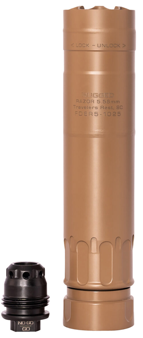 160181.jpg Rugged Suppressors RZRFDE556 Razor 556 22 Cal (5.56mm), 6.40" L FDE Stainless Steel, Includes 1/2"-28 M2 QD Brake