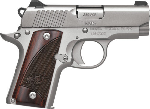 170615.jpg Kimber Mfg.,inc 3300207 Micro Stainless Rosewood NS 380 ACP 7+1 2.75" Stainless Steel Slide Satin Silver Smooth/Checkered Rosewood Grip