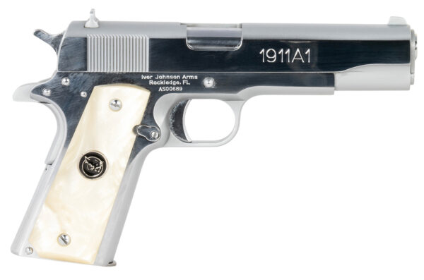 172417.jpg Iver Johnson Arms 1911A138CHRWP 38 Super 8+1 5" Stainless Steel Barrel, Bright Polish Chrome Serrated Stainless Steel Slide, Pearl Grips