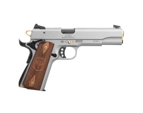 182630.jpg ATI GSG2210M1911AN15 GSG 1911 15 Year Anniversary Edition Full Size Frame 22 LR 10+1 5" Black Threaded Barrel, Frost Gray Serrated Slide, Frost Gray w/Gold Accents Zinc Alloy Frame, Light Wood Grip