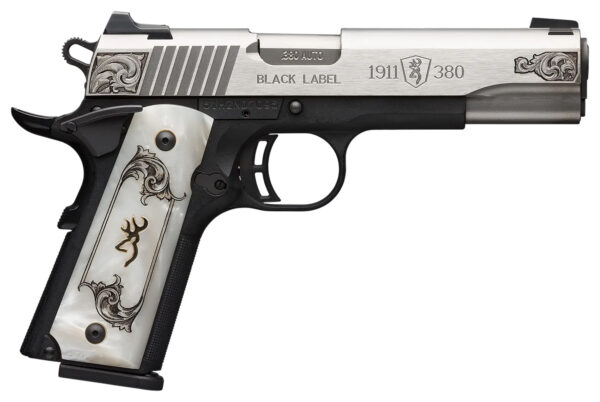 186603.jpg Browning 051966492 1911 Black Label Medallion Full Size Frame 380 ACP 8+1 4.25" Matte Stainless Steel Barrel & Serrated Slide, Matte Black Polymer Frame w/Beavertail, White Imitation Pearl Grip