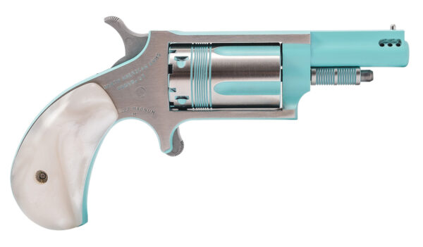 North American Arms 22MPB Iris undefined 22 Mag 5 Shot 1.63" Turquoise Cerakote Ported Barre Matte Stainless Steel Frame, Stainless/Turquoise Cylinder, Faux White Pearl Grip, Exposed Hammer
