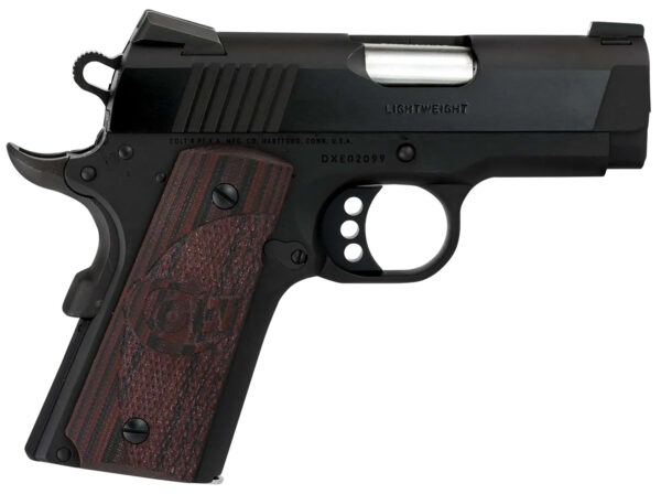 Colt Mfg O7800XE Defender  Compact 45 ACP 7+1 3" Black Steel Barrel, Blued Serrated Slide, Matte Black Cerakote Aluminum Frame w/Beavertail, Black Cherry Tactical G10 Grips, Ambidextrous