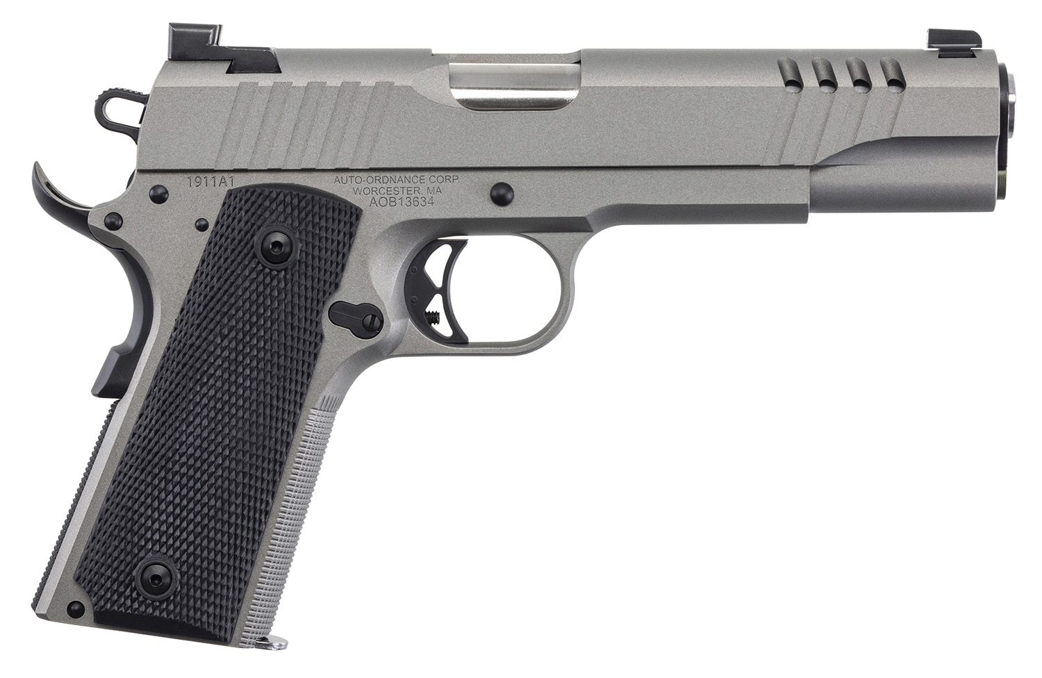 Auto-Ordnance 1911TCAC6N 1911 A1 45 ACP 7+1 5" Savage Silver Cerakoate, Serrated/Ported Slide, Black Rubber Grips, TruGlo Night Sights