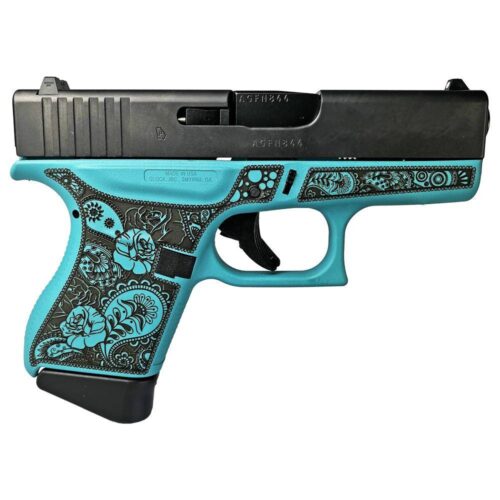 https3A2F2Fmedia.chattanoogashooting.com2Fimages2Fproduct2FGLUI4350201GRFP2FGLUI4350201GRFP-1.jpg Glock 43 Gen 4 Custom "Robin's Egg Blue and Paisley" Subcompact Handgun 9mm Luger 6/rd Magazines (2) 3.41" Barrel USA
